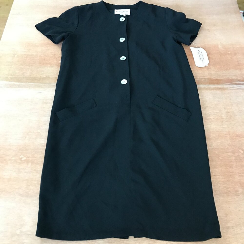 Evan Picone Shirt Dress Women 10 Black Button Up Shoulder Pads Pockets Collar